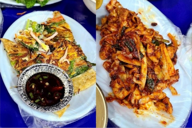 남원 춘향제에서 1만8000원에 판매한 해물파전(좌)과 2만5000원에 판매한 곱창볶음(우)[온라인 커뮤니티 보배드림]