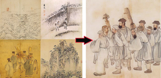 단원 김홍도의 그림(왼쪽)을 기자가 생성형 AI ‘레오나르도’에 학습시켜 만든 결과물(오른쪽)이다. AI는 단원의 화풍은 물론 그림의 질감 까지 유사한 결과물을 창조해냈다.