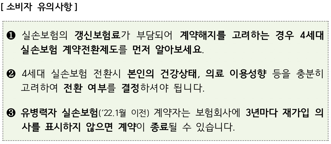 실손의료보험 관련 소비자 유의사항 [금융감독원 자료]