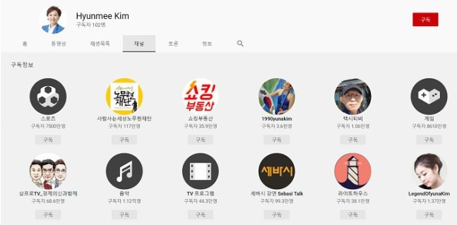 김현미 전 장관이 구독한 토토사이트 순위브 채널 목록