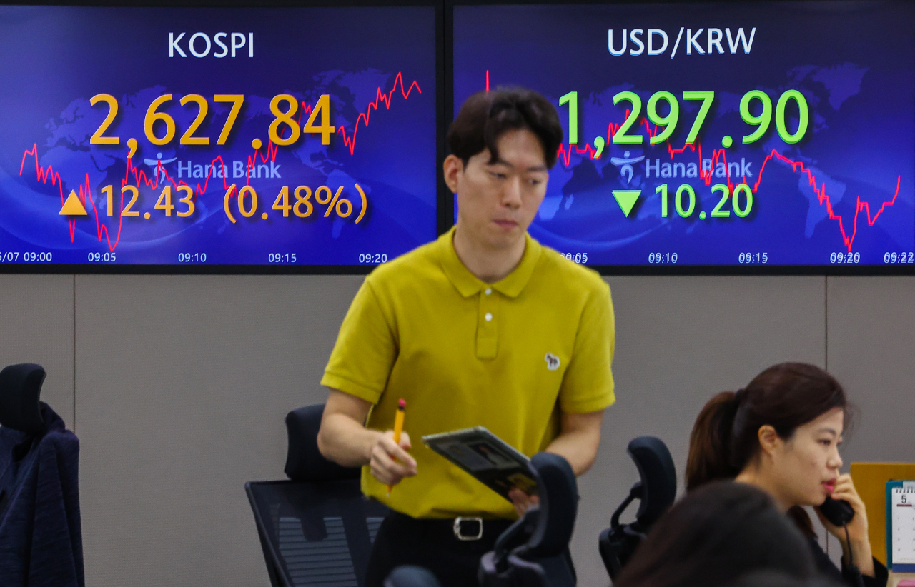 7일 오전 서울 중구 하나은행 본점 딜링룸 현황판에 코스피, 원/달러 환율이 표시돼 있다. 이날 코스피는 전 거래일보다 8.05포인트 상승한 2623.46으로 출발했다. 원/달러 환율은 전장 대비 9.1원 내린 1299원으로 거래를 시작했다. 연합뉴스