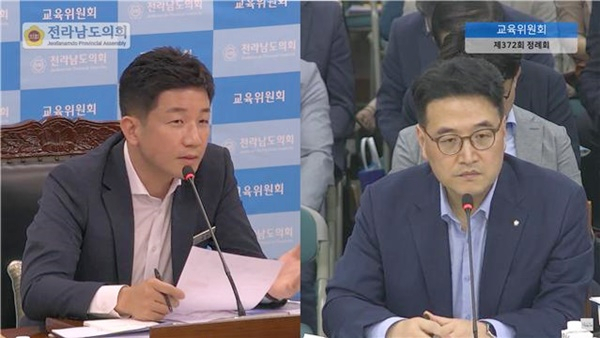 김진남 전남도의원(왼쪽)이 교육위원회 회의장에서 황성환 부교육감에게 질문하고 있다.[도의회 제공]