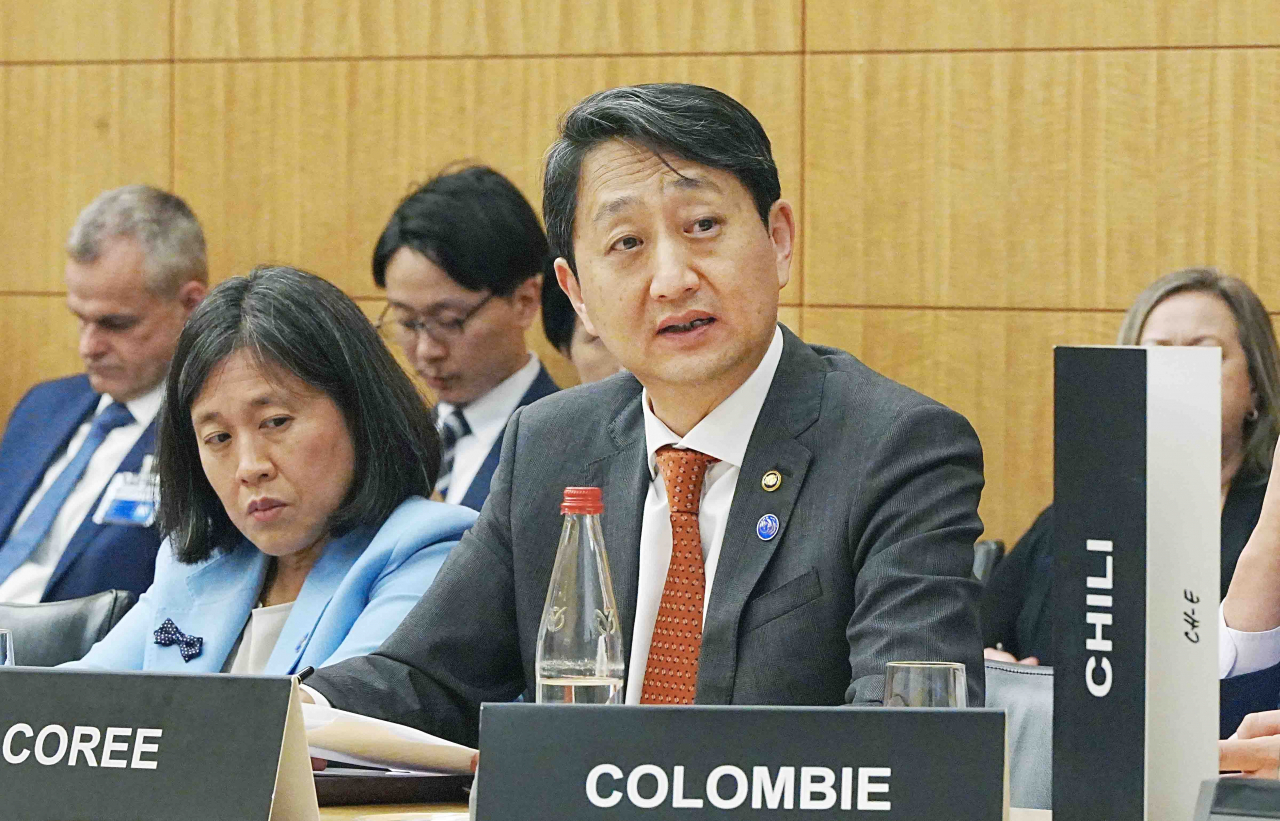 안덕근 산업통상자원부 통상교섭본부장이 7일(현지시간) 프랑스 파리 OECD 본부에서 열린 2023 OECD 각료이사회에 참석해 발언하고 있다. [연합]
