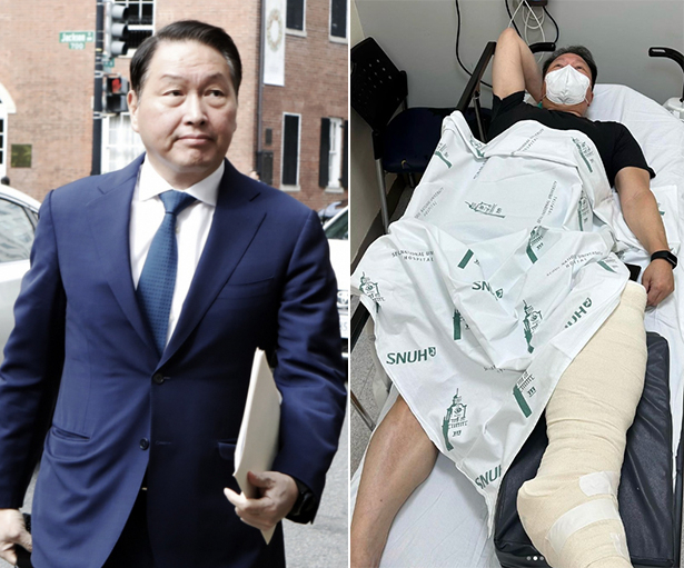 최태원 SK그룹 회장이 아킬레스건 파열로 깁스를 한 채 병상에 누워있는 모습. [연합, 인스타그램 캡처]
