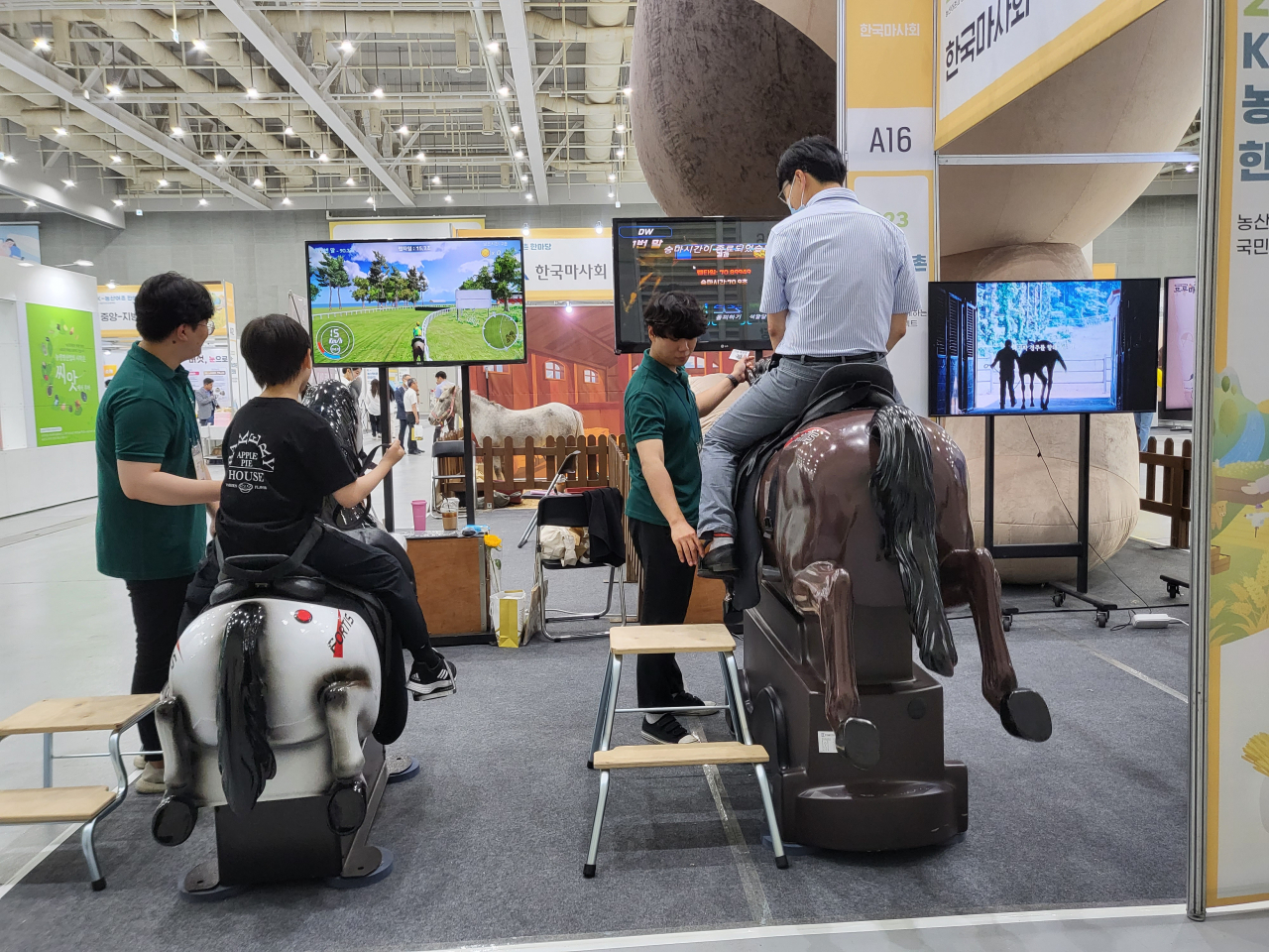 ‘2023 K-농산어촌 한마당’ 행사장에서 관람객들이 한국마사회가 마련한 승마체험 기구를 체험하고 있다. 수원=임세준 기자