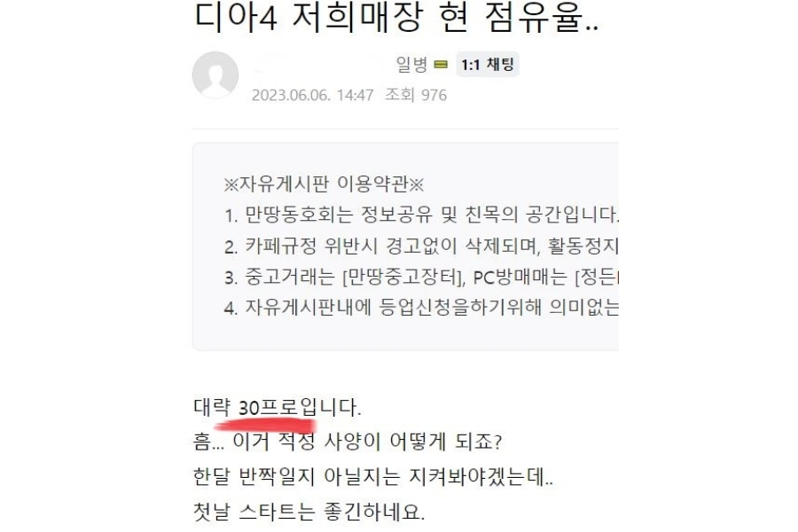 정식 출시 첫날(6일) 한 PC방 내 디아블로 4의 점유율이 30％까지 올라갔다는 내용의 게시물. [네이버카페 ‘PC방 손님만땅 동호회’ 캡처]