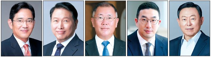 이재용(왼쪽부터) 삼성전자 회장, 최태원 SK그룹 회장, 정의선 현대차그룹 회장, 구광모 LG그룹 회장, 신동빈 롯데그룹 회장 [각 사 제공]