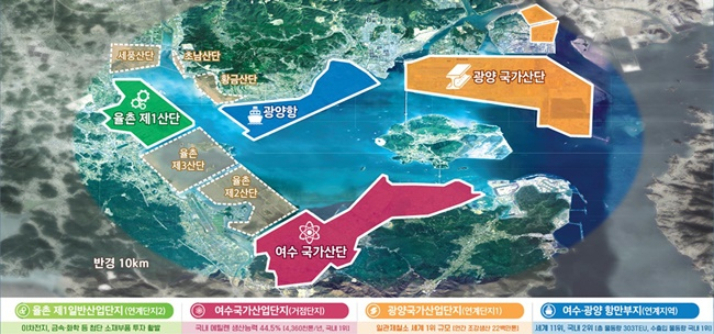 전남 광양만권(여수·순천·광양시) 주요 산단과 항만 위치도.