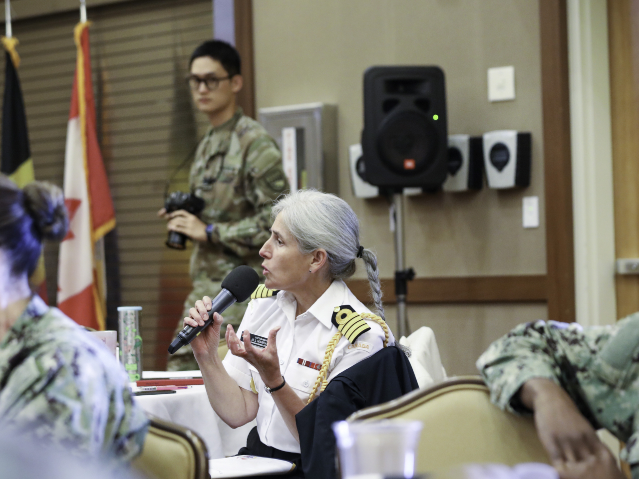 A participant speaks at the Women, Peace, and Security Symposium, jointly organized by the United States Forces Korea, United Nations Command and Combined Forces Command at the US Army‘s Camp Humphreys in Pyeongtaek, Gyeonggi Province, Tuesday. (Photo - United States Forces Korea)