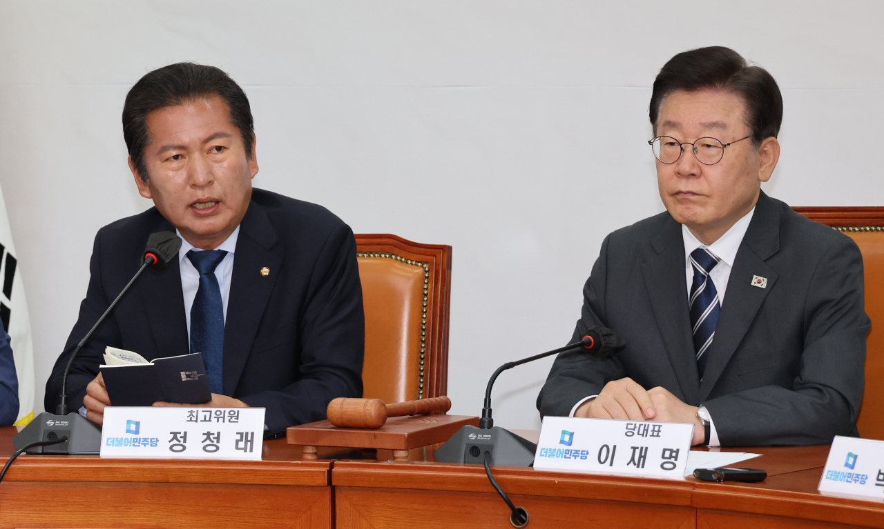 민주당 정청래 최고위원이 5일 국회에서 열린 당 최고위에서 발언하고 있다. [연합]