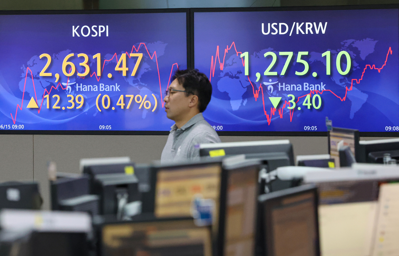An electronic board showing the Korea Composite Stock Price Index at a dealing room of the Hana Bank headquarters in Seoul on Thursday. (Yonhap)