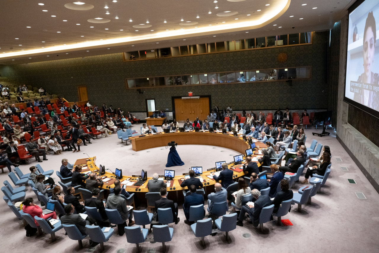 (230615) -- UNITED NATIONS, June 15, 2023 (Xinhua) -- This photo taken on June 13, 2023 shows a Security Council meeting on threats to international peace and security with a focus on climate change, peace and security, at the UN headquarters in New York. TO GO WITH