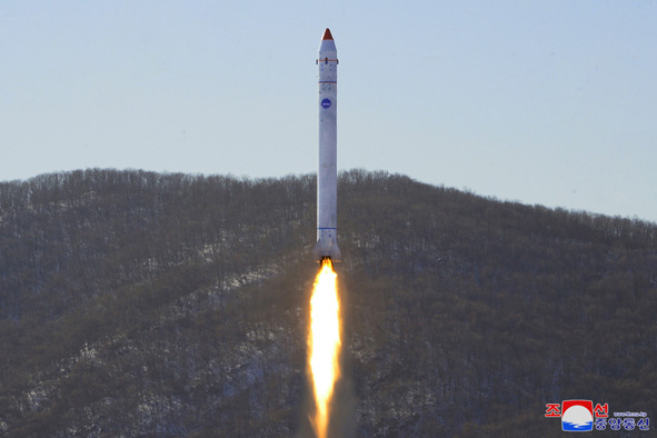 This photo shows the North conducting "an "important final-stage test" at Sohae Satellite Launching Ground in Cholsan, North Pyongan Province, for the development of a reconnaissance satellite on December 19, 2022. (KCNA)