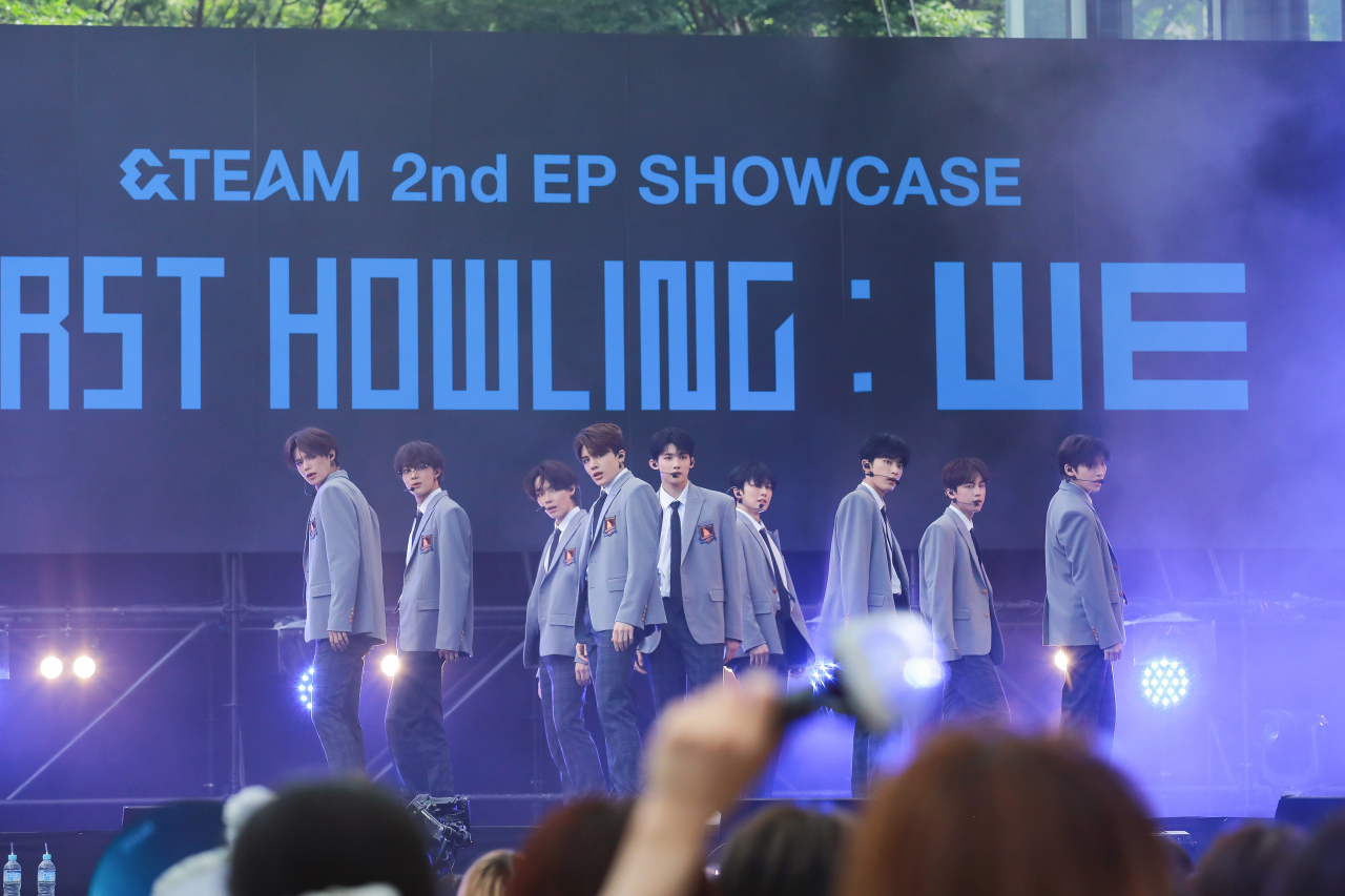 Boy band &Team performs "Firework" at a media showcase for the band's second EP, "First Howling: We," at Roppongi Hills Arena in Tokyo on Sunday. (Hybe Labels Japan)