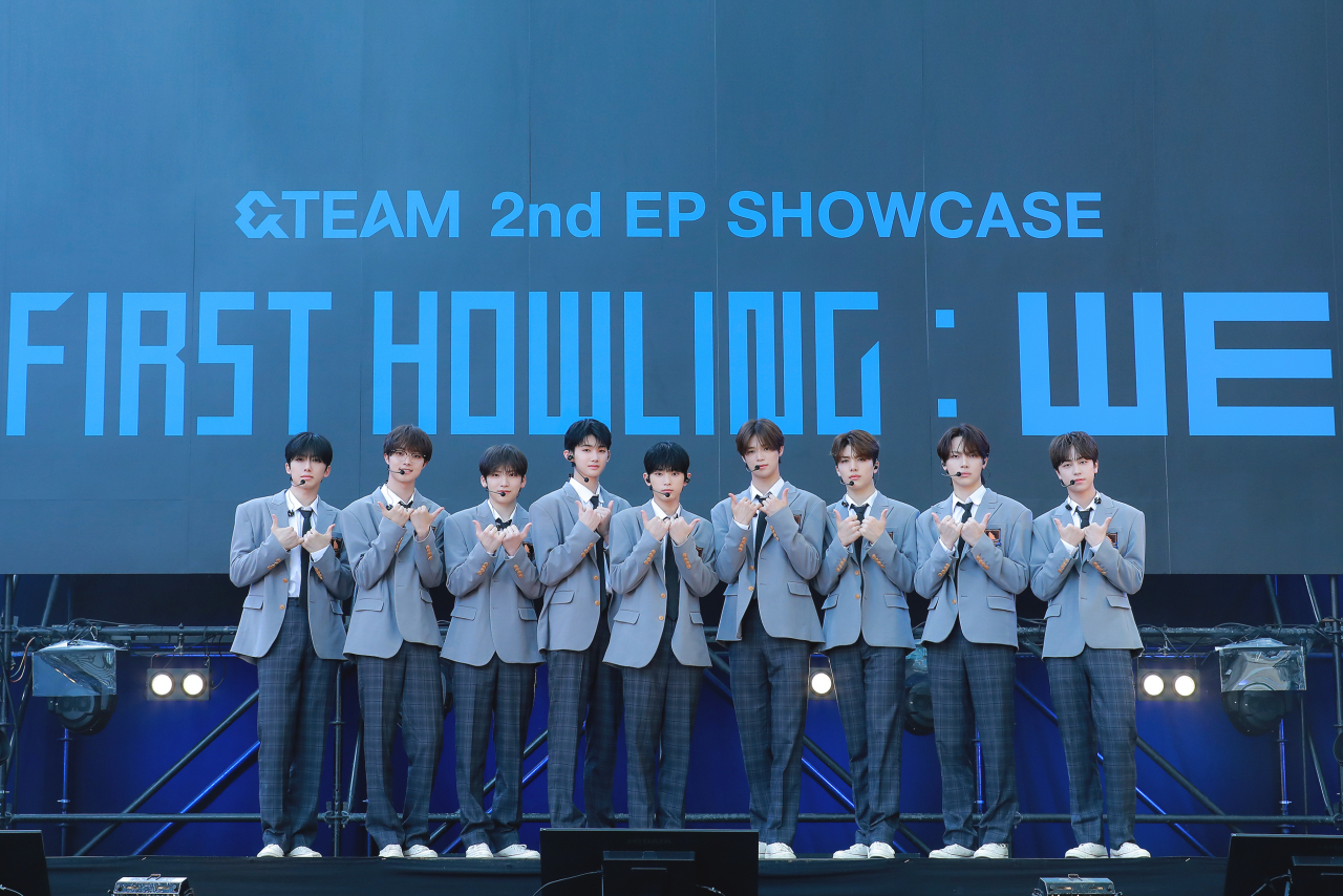 Boy band &Team poses at a media showcase for the group's second EP "First Howling: We," at Roppongi Hills Arena in Tokyo, Sunday. (Hybe Labels Japan)