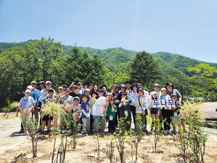 지난 17일 두나무 임직원 및 가족들이 국립춘천숲체원에서 진행된 나무심기 봉사활동에서 나무를 심고 있다. [두나무 제공]