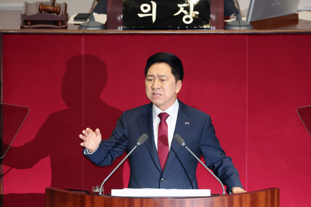 국민의힘 김기현 대표가 20일 국회에서 교섭단체 대표 연설을 하고 있다. [연합]