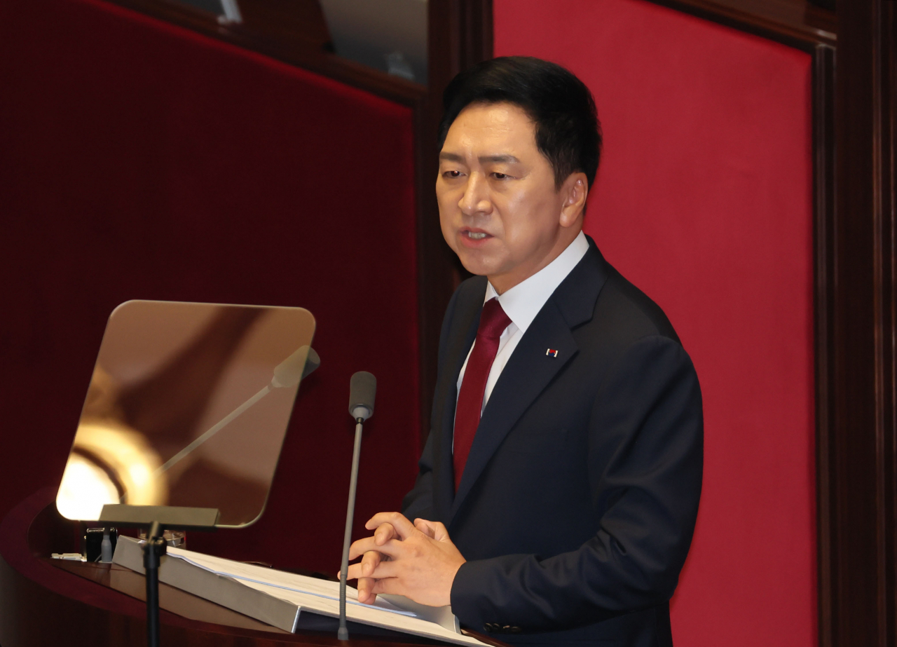 국민의힘 김기현 대표가 20일 오전 국회에서 열린 본회의에서 교섭단체 대표연설을 하고 있다. [연합]
