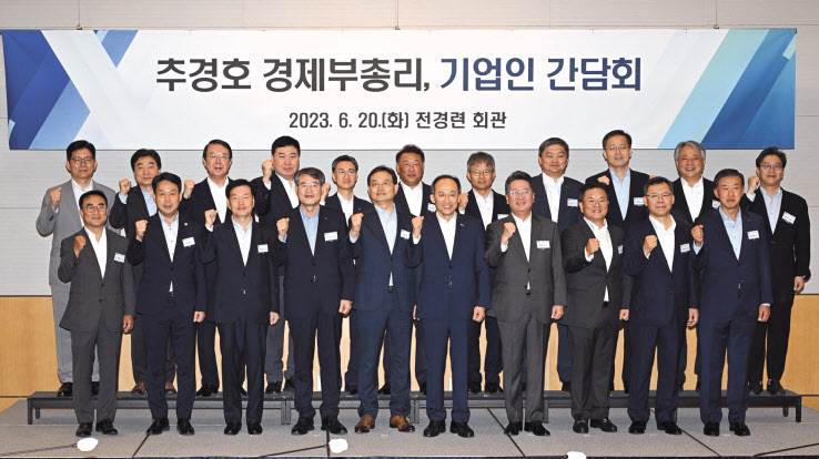 추경호(앞줄 왼쪽 여섯번째) 경제부총리 겸 기획재정부 장관을 비롯한 주요 기업인들이 20일 서울 여의도 전국경제인연합회 회관에서 열린 ‘추경호 부총리-기업인 정책간담회’에 참석해 기념촬영을 하고 있다. 임세준 기자