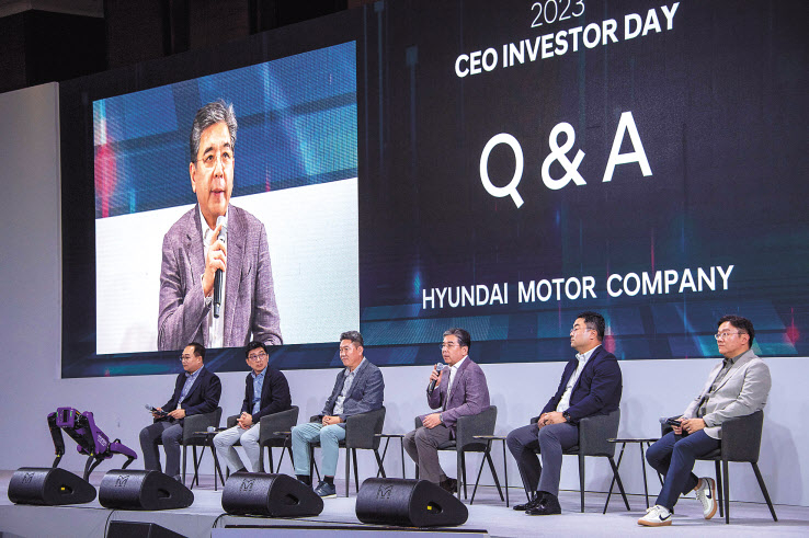 ‘2023 CEO 인베스터 데이’에 참석한 윤태식(왼쪽부터) 현대차 IR팀장, 구자용 IR담당 전무, 서강현 기획재경본부장 부사장, 장재훈 CEO 사장, 김흥수 GSO 담당 부사장, 김창환 배터리개발센터장 전무가 질문에 답하고 있다. [현대차 제공]