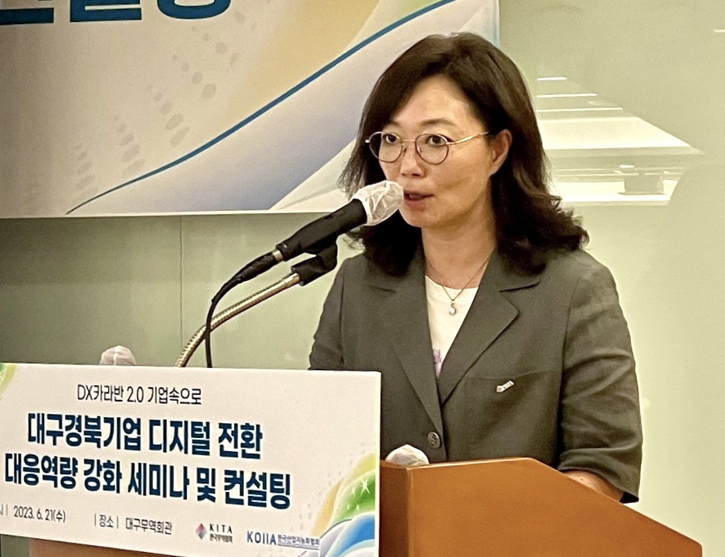 지난 21일 대구에서 열린 ‘DX 카라반 2.0, 기업 속으로’ 행사에서 이명자 한국무역협회 디지털혁신본부장이 개회사를 하고 있다. [한국무역협회 제공]