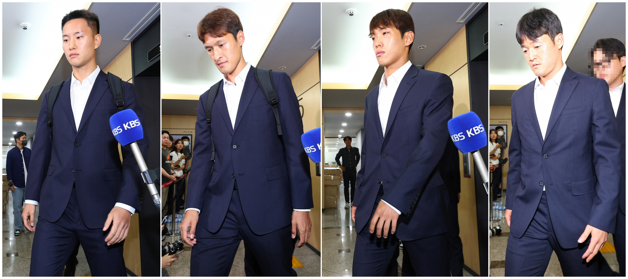 프로축구 울산 현대 소속 정승현(왼쪽부터), 박용우, 이명재, 이규성이 22일 오후 서울 종로구 대한축구협회 축구회관에서 열린 SNS 인종차별 논란 관련 상벌위원회에 각각 출석하고 있다. [연합]