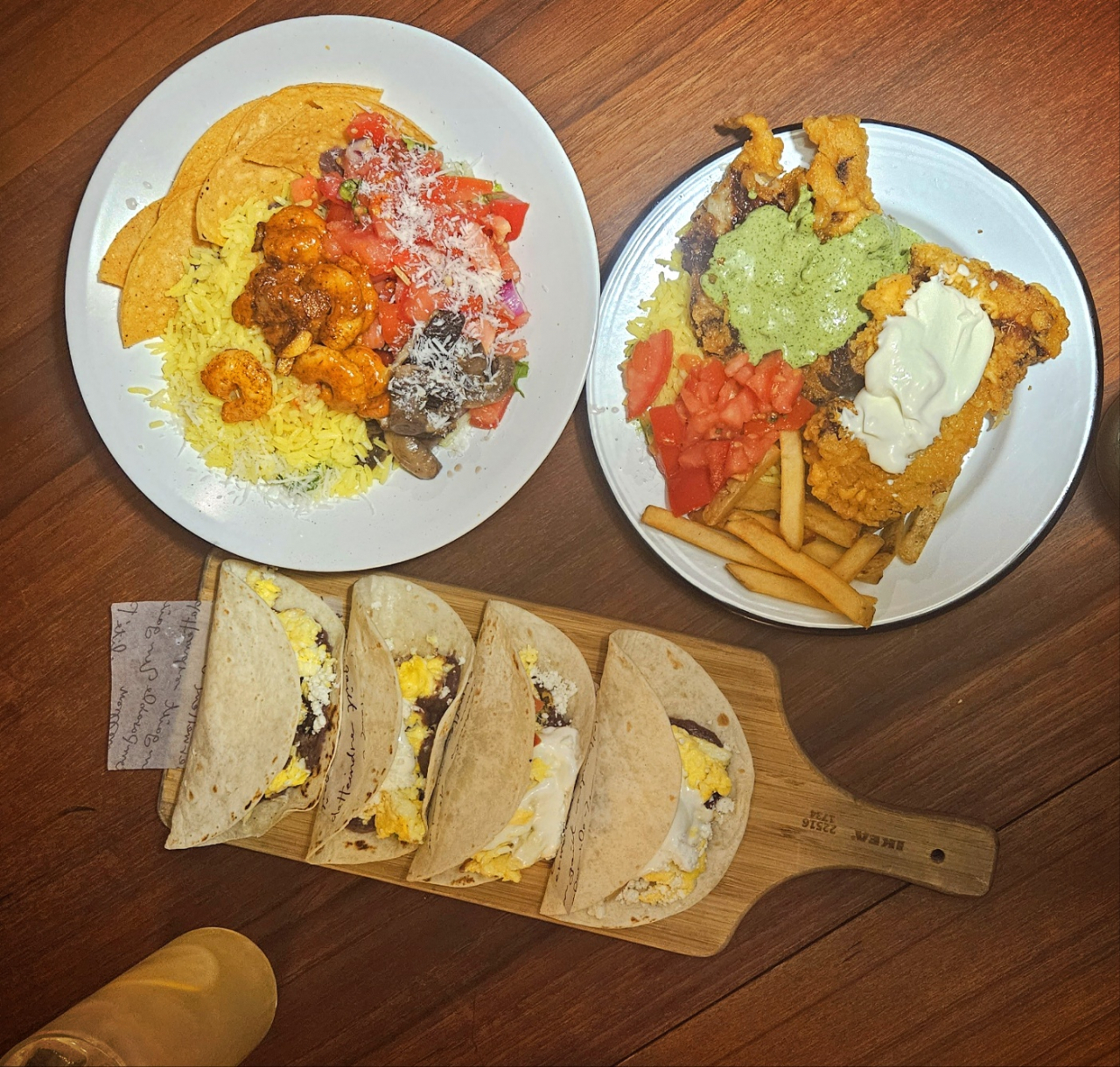 (Clockwise) Pollo frito, chilli plato and baleada at Cafe Dokebi cottage in Seoul (Park Yuna/The Korea Herald)