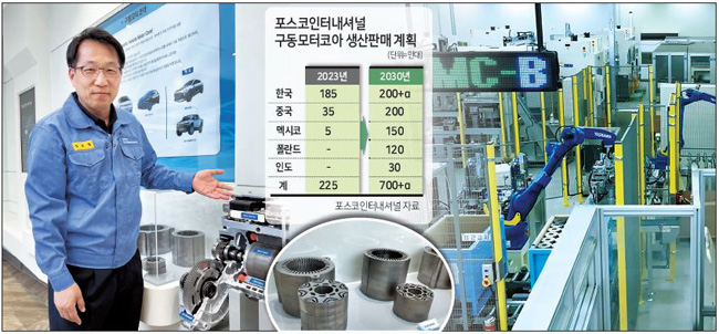 19일 천안공장에서 구동모터코아에 대해 설명하고 있는 윤태현(왼쪽) 포스코모빌리티솔루션 코아사업실장과 구동모터코아를 생산하고 있는 모습. 가운데 사진은 포스코모빌리티솔루션 천안공장에 전시돼 있는 아이오닉5 후륜용 모터코아와 코나용 모터코아. 김은희 기자·[포스코인터내셔널 제공]