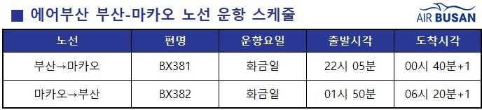 에어부산의 부산~마카오 노선 운항 스케줄표. [사진=에어부산]