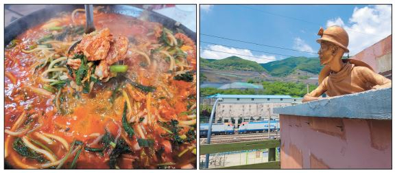 태백물닭갈비(왼쪽)와 철암탄광역사촌 광부동상