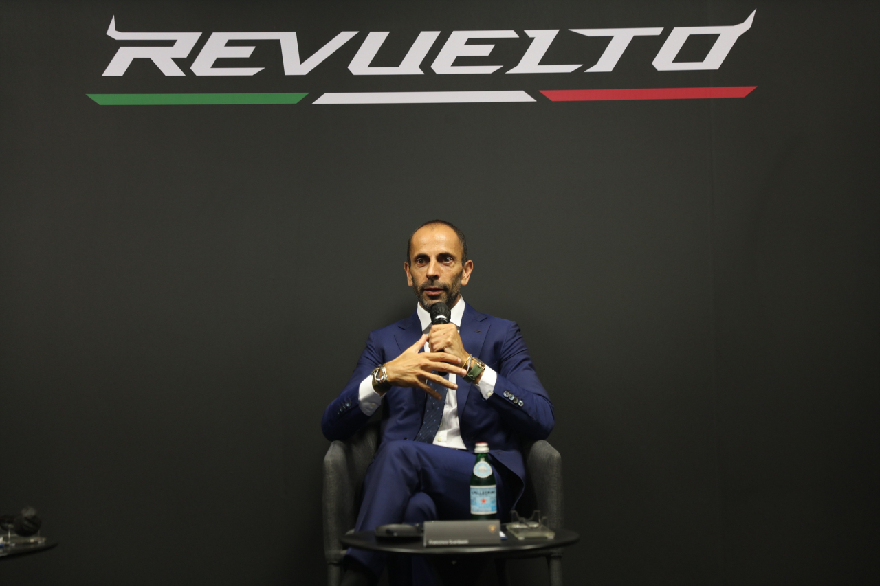 Francesco Scardaoni, Asia Pacific regional director of Lamborghini, speaks during a group interview at Times Aerospace Korea in Gimpo, Gyeonggi Province, Friday. (Lamborghini Korea)