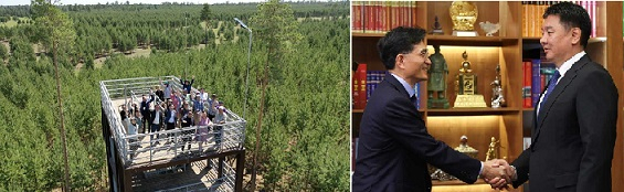몽골의 '유한킴벌리숲'(왼쪽) 전경. 진재승 유한킴벌리 대표(왼쪽)가 몽골의 오흐나 후렐수흐 대통령과 만나고 있다. [유한킴벌리 제공]