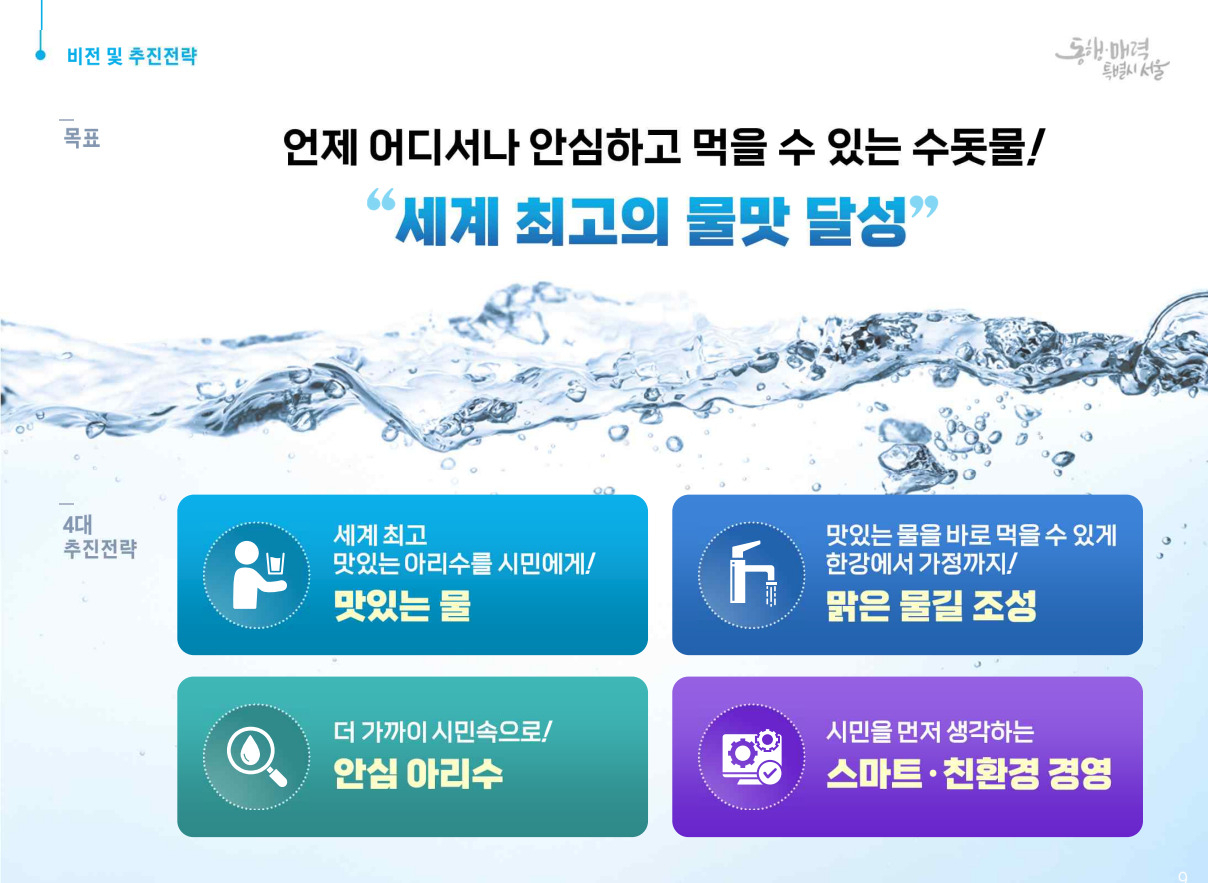 ‘상수도 종합계획 2040, 아리수 2.0’의 핵심 4대 사업인 ▷맛있는 물 ▷맑은 물길 조성 ▷안심 아리수 ▷스마트·친환경 경영. [서울시 제공]