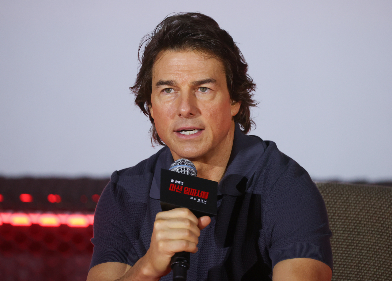 Tom Cruise speaks during a press conference held as part of his promotional world tour for “Mission: Impossible &ndash; Dead Reckoning Part One” at Lotte Cinema World Tower in Seoul, Thursday. (Yonhap)