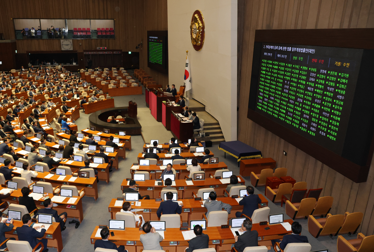 30일 국회 본회의에서 '출생통보제' 도입을 위한 '가족관계 등록 등에 관한 법률 개정안'을 의결하고 있다. [연합]