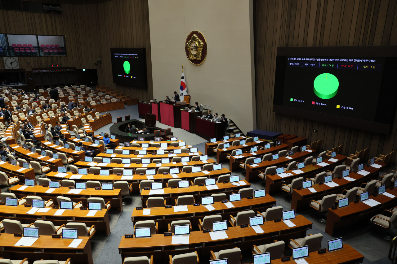 30일 오후 국회 본회의에서 후쿠시마 오염수 방류 철회 촉구 결의안이 야당 단독으로 채택되고 있다. [연합]