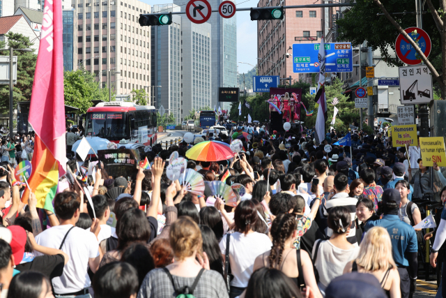 Participants of the 24th Seoul Queer Culture Festival join the Pride parade in Euljiro, Seoul, Saturday. (Yonhap)