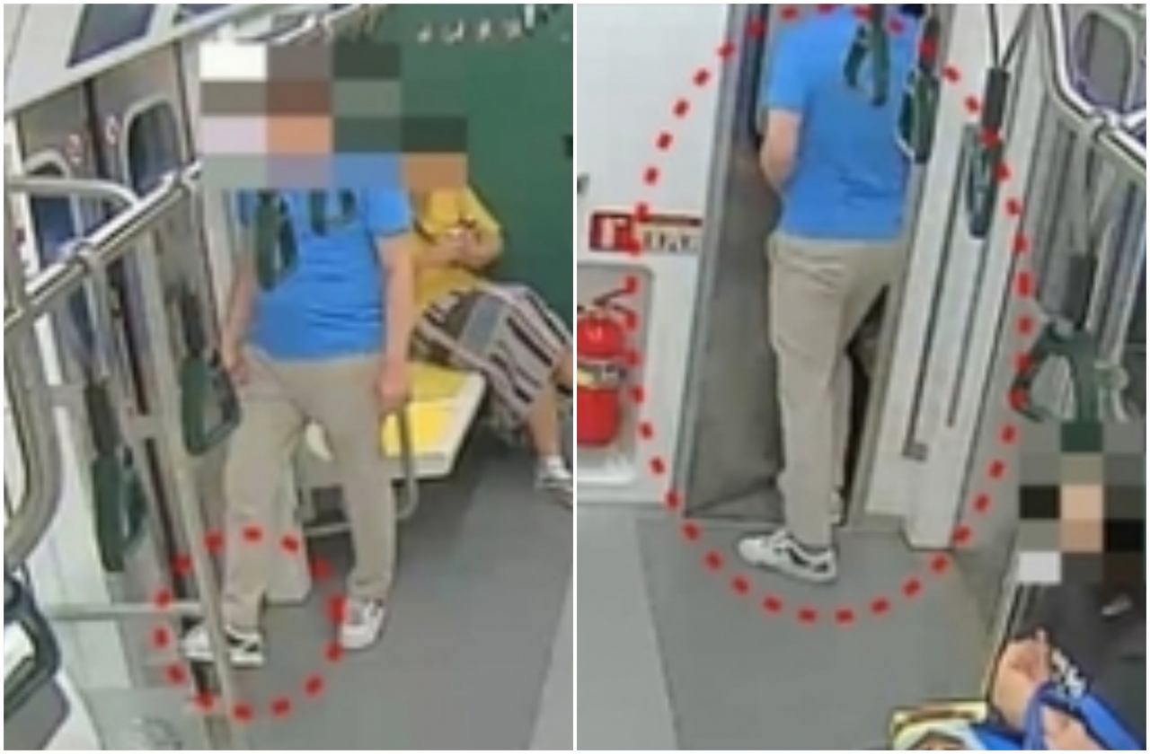 한 취객이 출입문에 발을 넣어 운행을 방해하고 있는 모습과 운전실 강제 진입 장면. [서울교통공사]