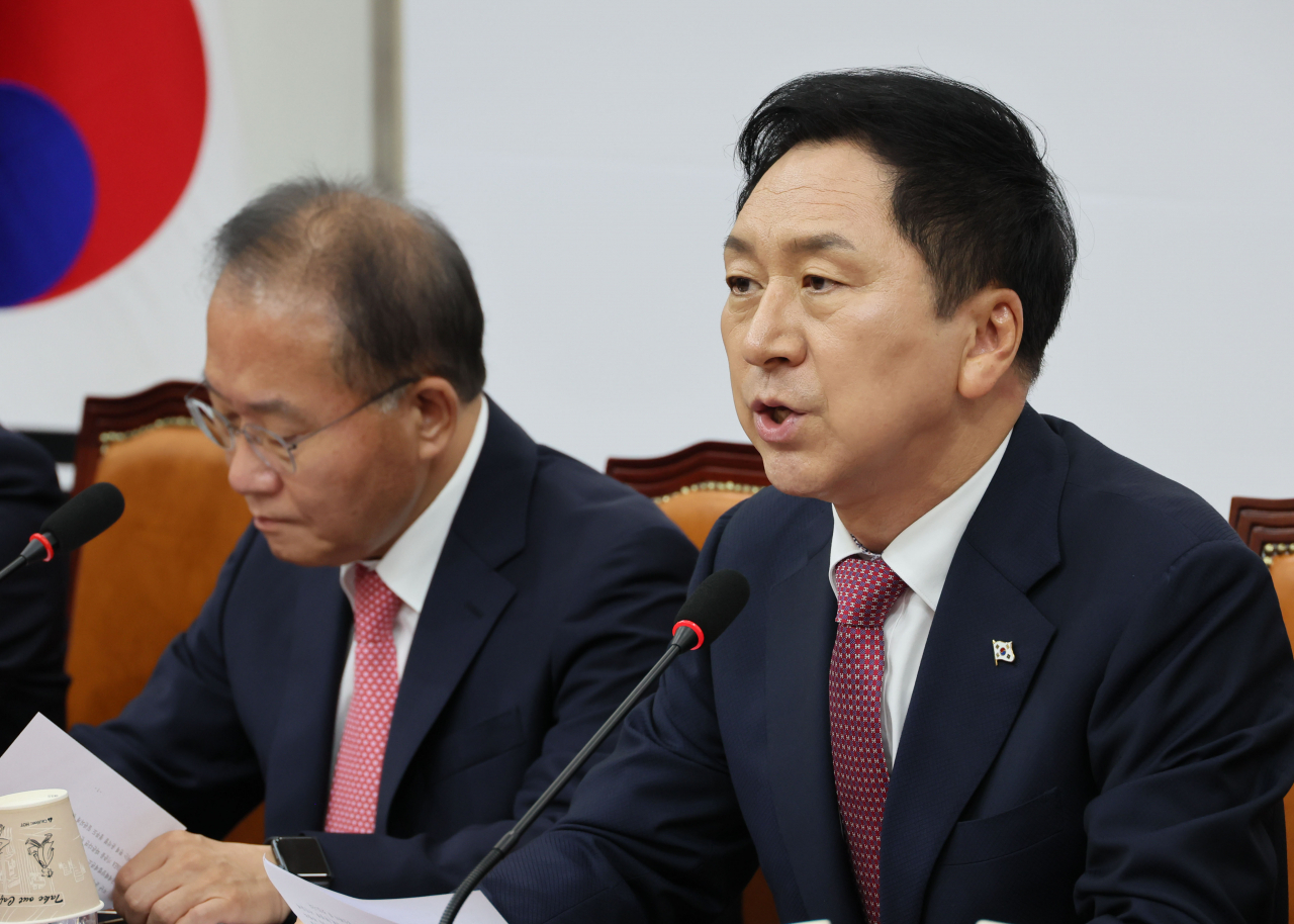 국민의힘 김기현 대표가 3일 오전 국회에서 열린 최고위원회의에서 발언하고 있다. [연합]
