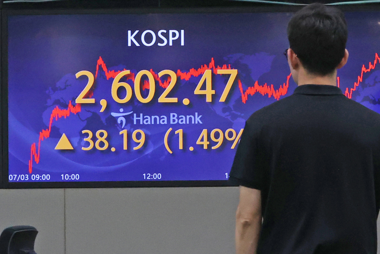 3일 오후 서울 중구 하나은행 본점 딜링룸 현황판에 코스피 지수가 표시돼 있다. 이날 코스피는 전 거래일보다 38.19포인트 오른 2602.47로, 코스닥지수는 전장보다 21.05포인트(2.42%) 오른 889.29로 마감했다. 원/달러 환율은 9.70원 내린 달러당 1308.00원으로 마쳤다. 연합뉴스