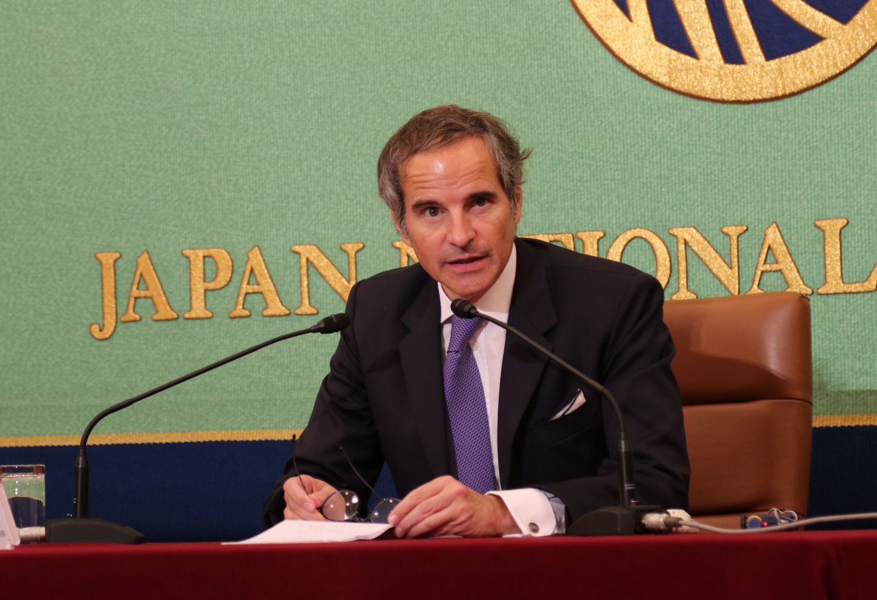 Rafael Mariano Grossi, director general of the International Atomic Energy Agency, speaks about its review of Japan's plan to release treated radioactive water from the Fukushima nuclear power station into the sea during a press conference in Tokyo on Tuesday. (Yonhap)