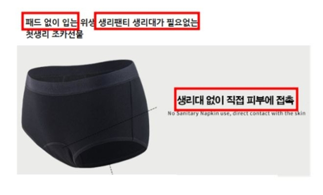 5일 식품의약품안전처는 공산품 위생팬티를 의약외품 다회용 생리대로 오인하게 하는 등 거짓·과장 광고로 약사법 등을 위반한 222건에 대해 접속차단 등 조치했다고 밝혔다. [식약처 제공]