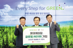 황진구(왼쪽부터) 롯데케미칼 기초소재사업 대표, 김교현 부회장, 이영준 첨단소재사업 대표 [롯데케미칼 제공]