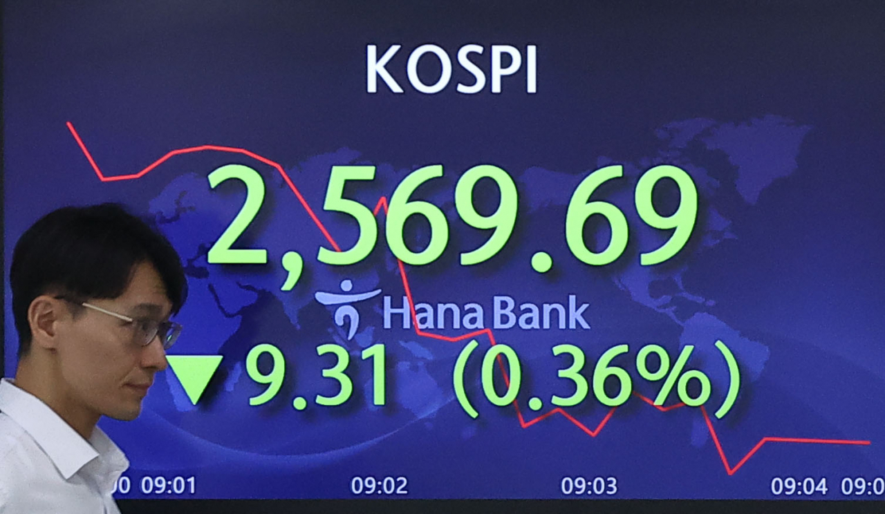 An electronic board showing the Korea Composite Stock Price Index at a dealing room of the Hana Bank headquarters in Seoul on Thursday. (Yonhap)
