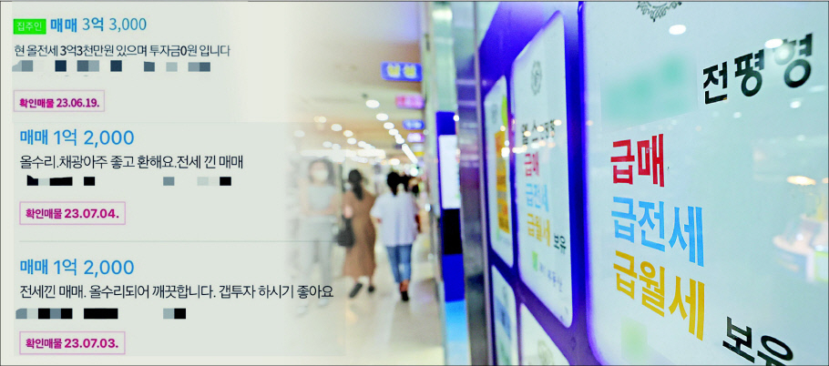 네이버 부동산 매물소개란에 ‘투자금 0원입니다’, ‘갭투자 하시기 좋아요’ 등 홍보문구가 기재돼 있는 모습(왼쪽)과 전세 관련 안내문이 붙어 있는 송파구의 한 부동산 중개업소 [네이버 부동산 캡처·연합]