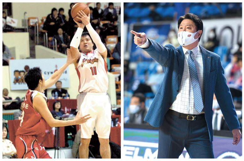 문경은 KBL 경기본부장의 SK 선수시절 슈팅모습(왼쪽)과 감독 시절 모습 [KBL 제공]