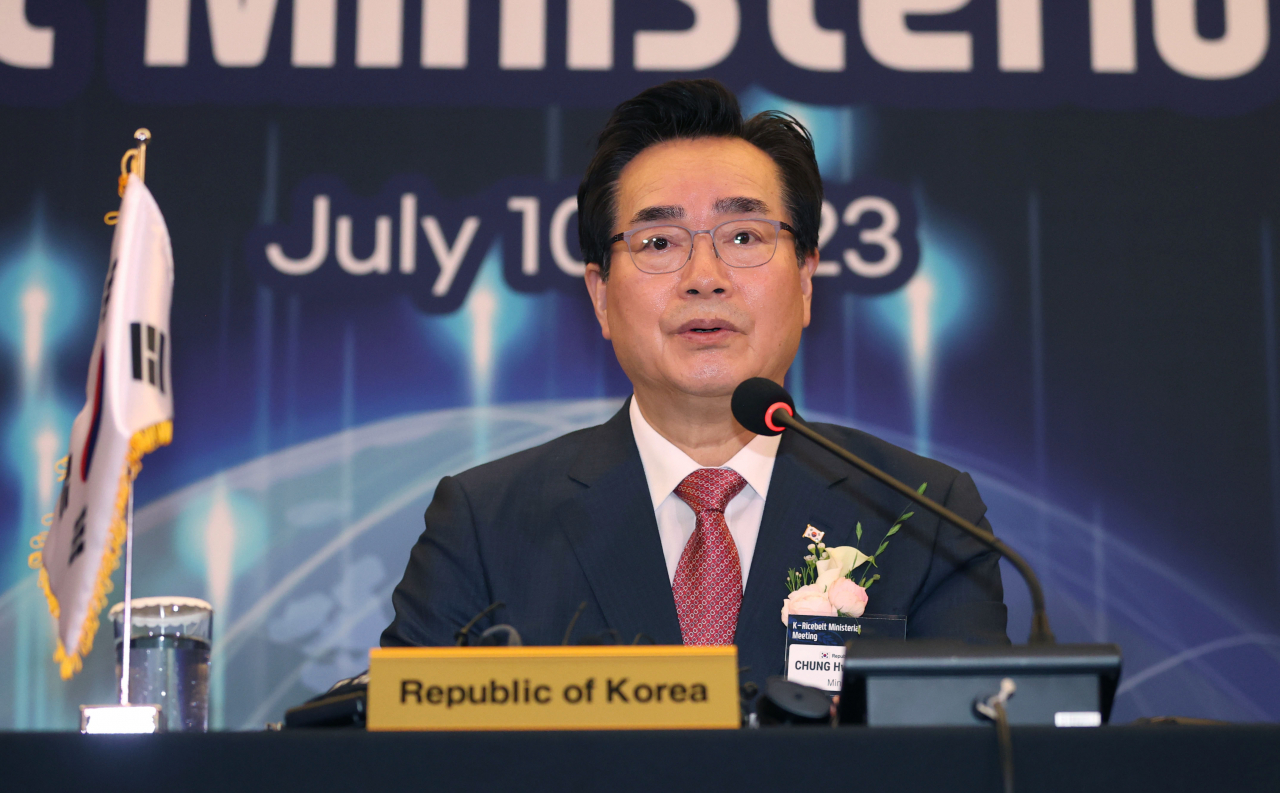 10일 오전 서초구 JW매리어트호텔에서 열린 'K-라이스벨트 농업장관회의 브리핑'에서 정황근 농림축산식품부 장관이 발언하고 있다. [연합]