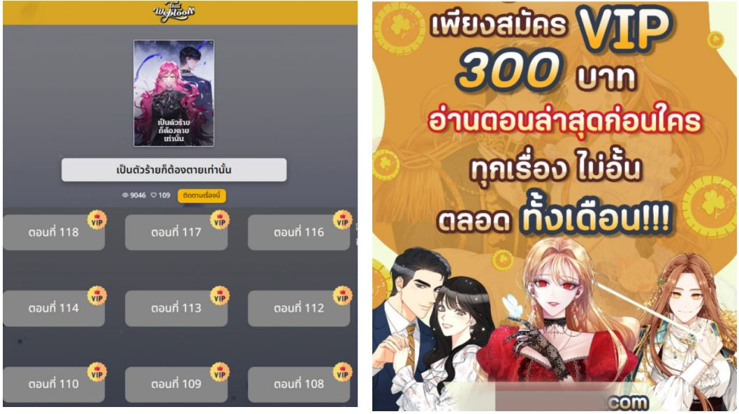 유료 VIP 구독 시스템을 적용한 태국 웹툰·웹소설 불법 사이트. [카카오엔터테인먼트 제공]