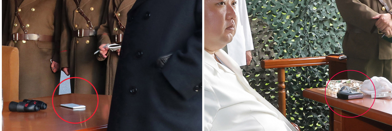 김정은 북한 국무위원장이 12일 신형 고체연료 대륙간탄도미사일(ICBM ) '화성-18형' 시험발사를 시찰한 현장에서 '폴더블 스마트폰'으로 추정되는 물체가 포착됐다(오른쪽 사진). 왼쪽 사진은 김 위원장이 지난 3월 9일 서부전선의 중요작전임무를 담당하고있는 화성포병부대의 화력습격훈련을 현지지도한 현장에서 포착된 흰색 일체형 스마트폰. [연합]