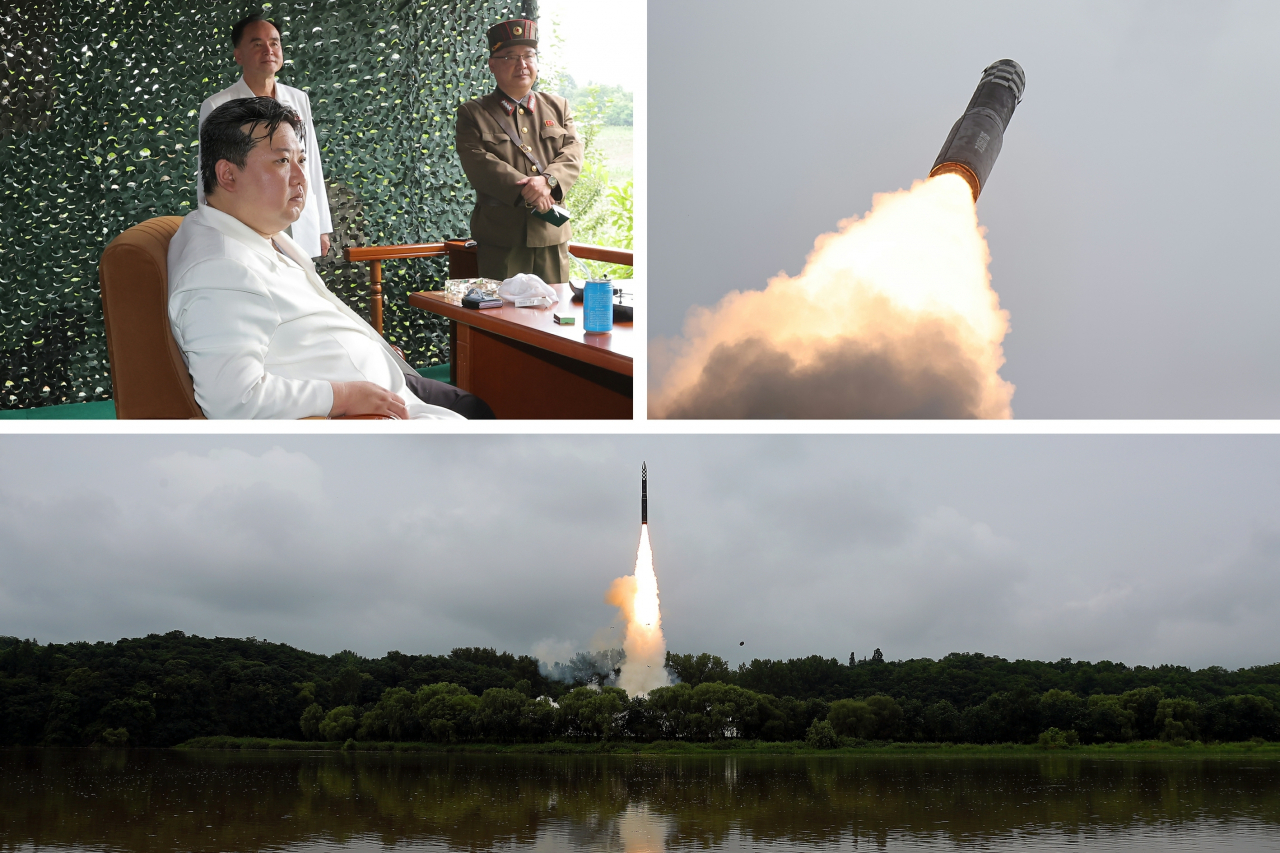 북한이 전날 고체연료 기반의 신형 대륙간탄도미사일(ICBM)인 '화성-18형'을 시험발사했다고 13일 노동당 기관지 노동신문이 보도했다. 신문은 김정은 국무위원장이 발사를 현지지도했다고 전했다. 북한이 화성-18형을 시험발사한 것은 지난 4월13일 이후 석 달여 만이다. [평양 노동신문=뉴스1]